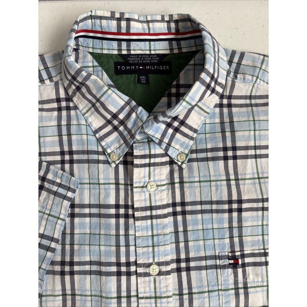 Tommy Hilfiger Men's XXL‎ Light Blue Green Plaid Short Sleeve Button Down